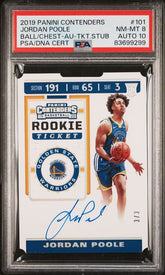 2019 PANINI CONTENDERS JORDAN POOLE BALL/CHEST TICKET STUB #101 PSA 8 AUTO 10